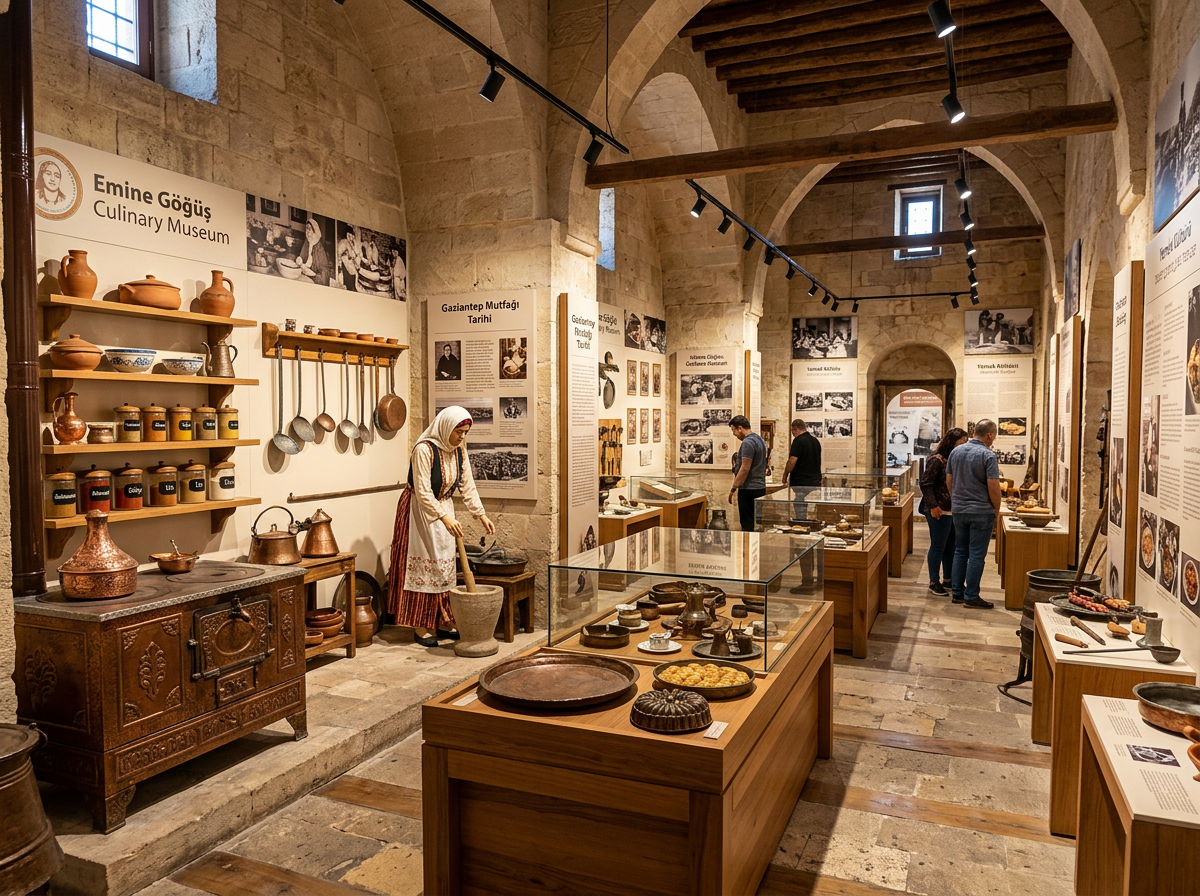 Exhibit of traditional cooking utensils, pottery, and displays in Emine Göğüş Culinary Museum with visitors and a mannequin.