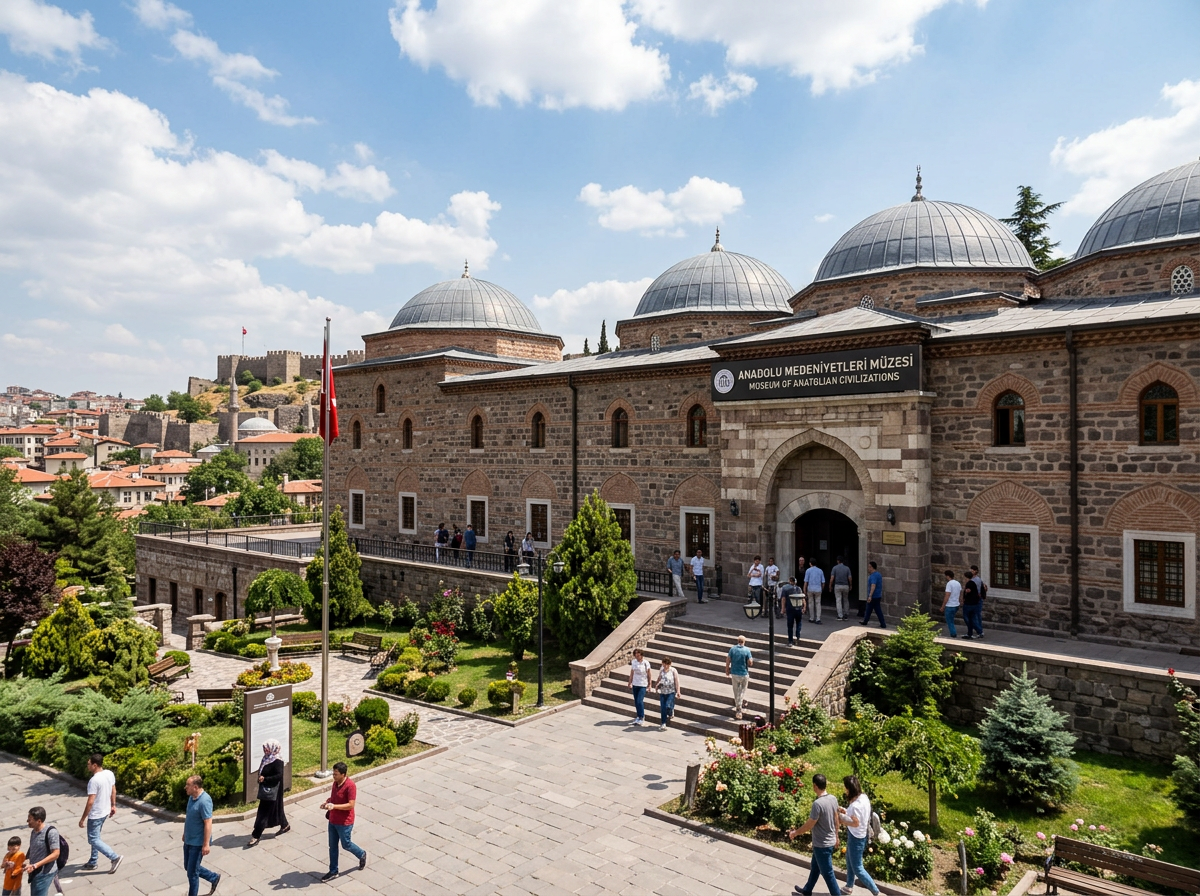 Exterior view of Museum of Anatolian Civilizations historic building with people outside