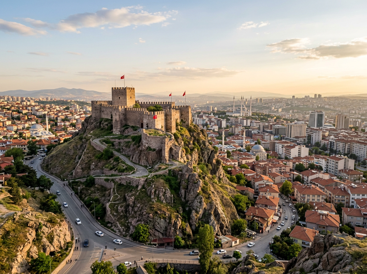 Ankara Castle on a rocky hill surrounded by city buildings and roads at sunset