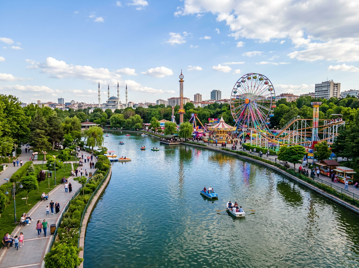 Paddle boats on lake beside amusement park with ferris wheel and roller coaster