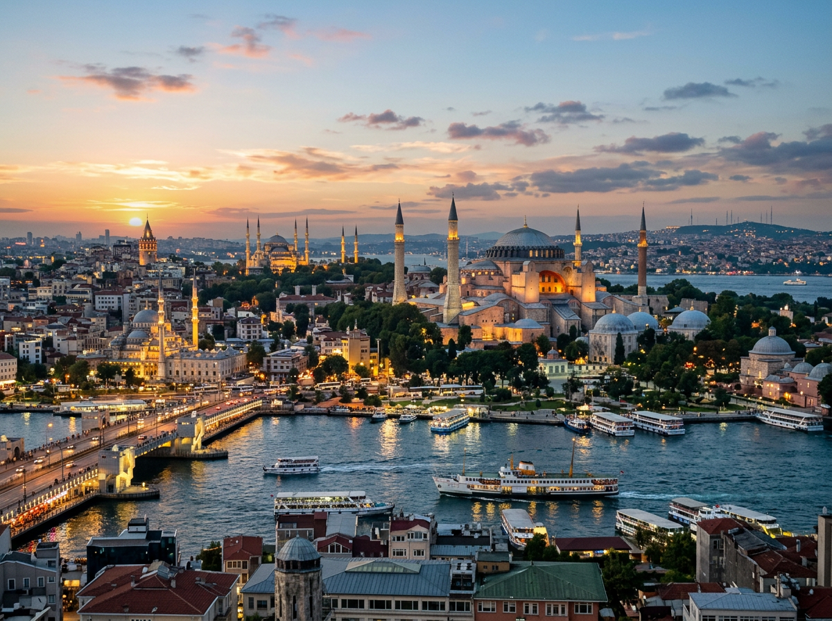 Sunset view of Istanbul with Hagia Sophia and boats on the water