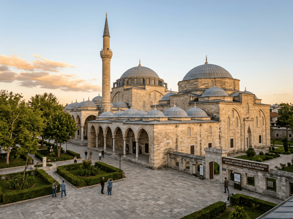 Solsar S. Bafqod Mosque and Health Museum exterior with gardens and visitors