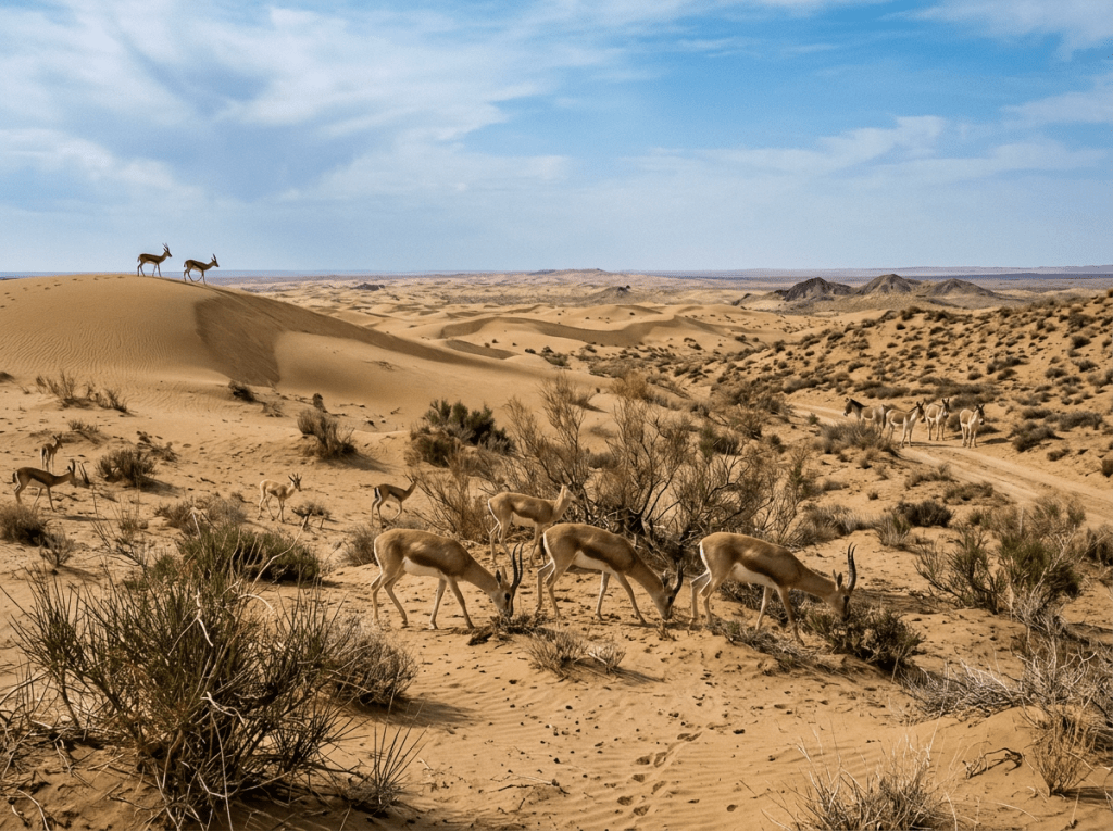 Antelope grazing and walking on sandy desert dunes with sparse vegetation