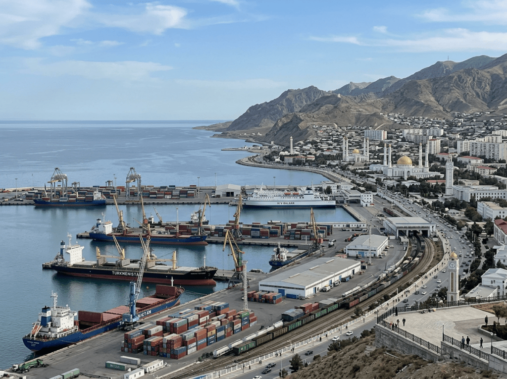 Cargo ships docked at a busy port with stacked containers, adjacent cityscape with golden-domed mosque, mountains in background