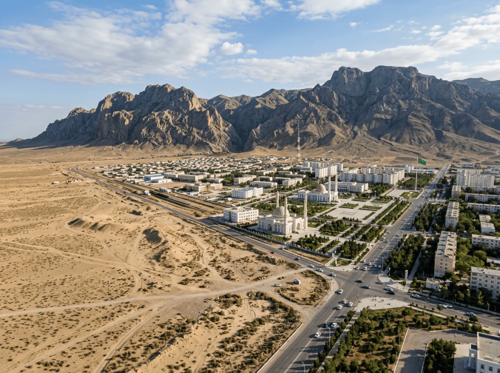 A city with mosques and organized buildings near mountainous desert terrain