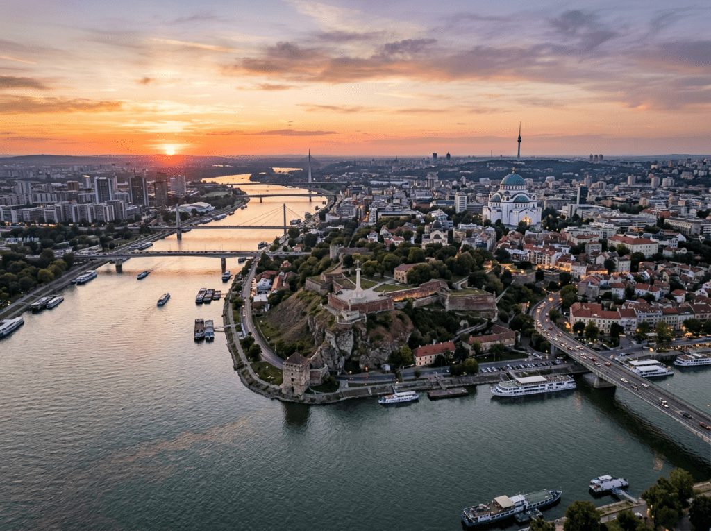 Aerial view of Belgrade with the Danube River, bridges, and historic buildings at sunset