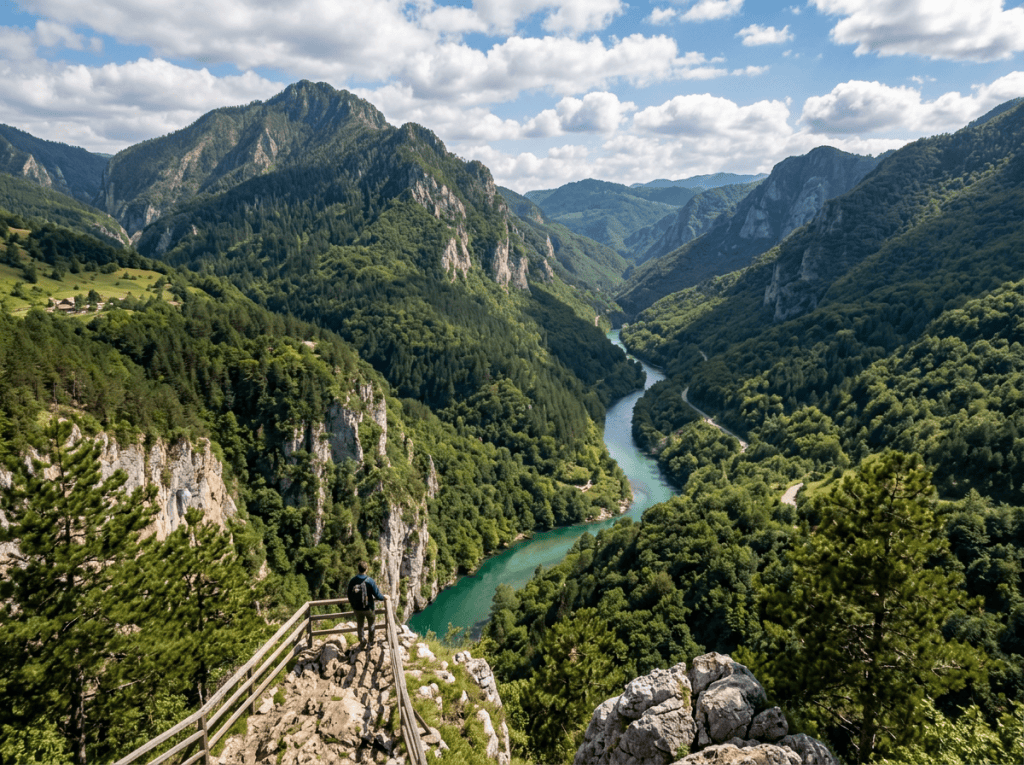 Person standing on a rocky lookout over a green mountain valley with a winding turquoise river