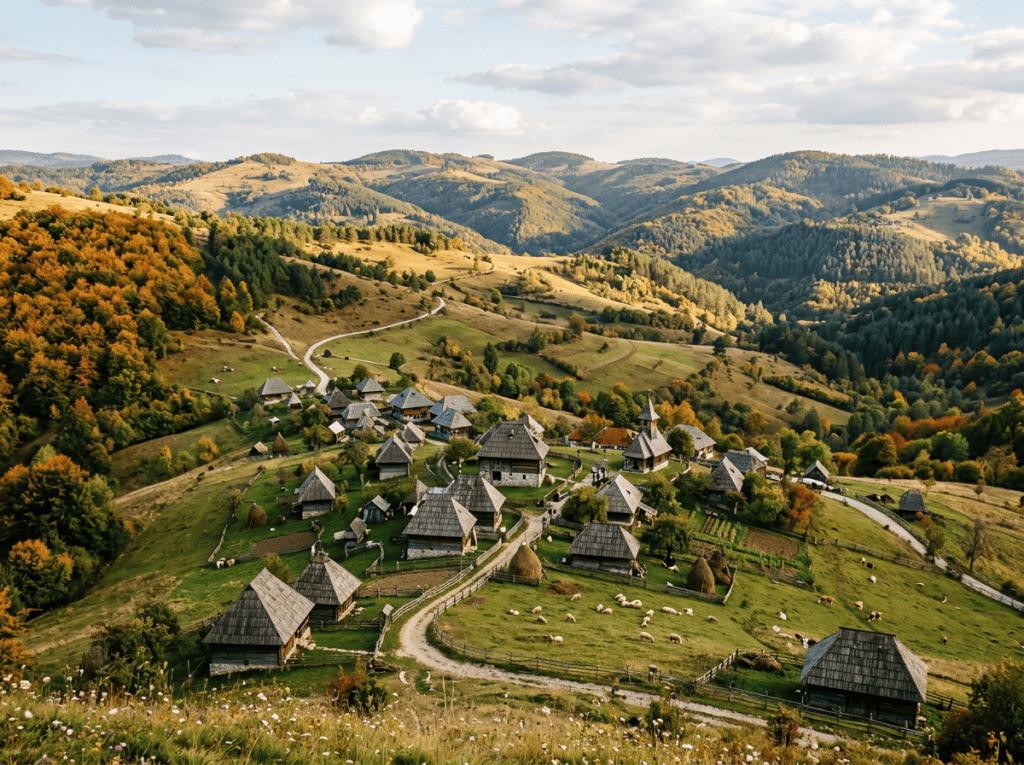 Small traditional village with wooden houses and surrounding hills in autumn
