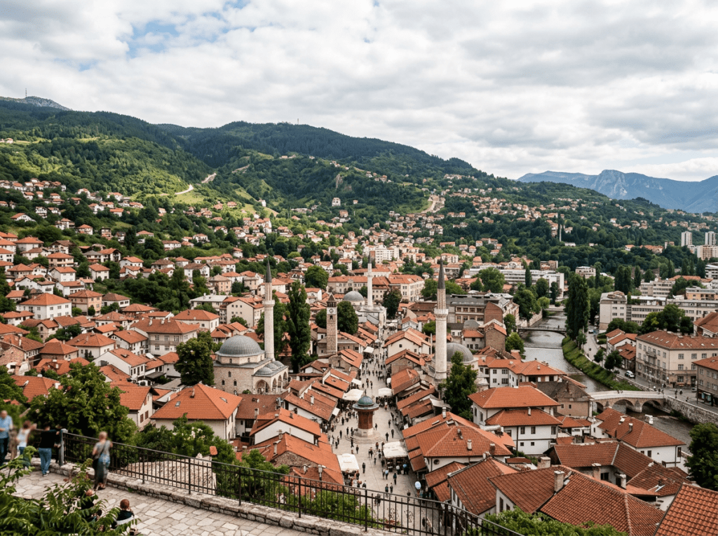 Historic city with red roofs, mosques with minarets, river, and green hills