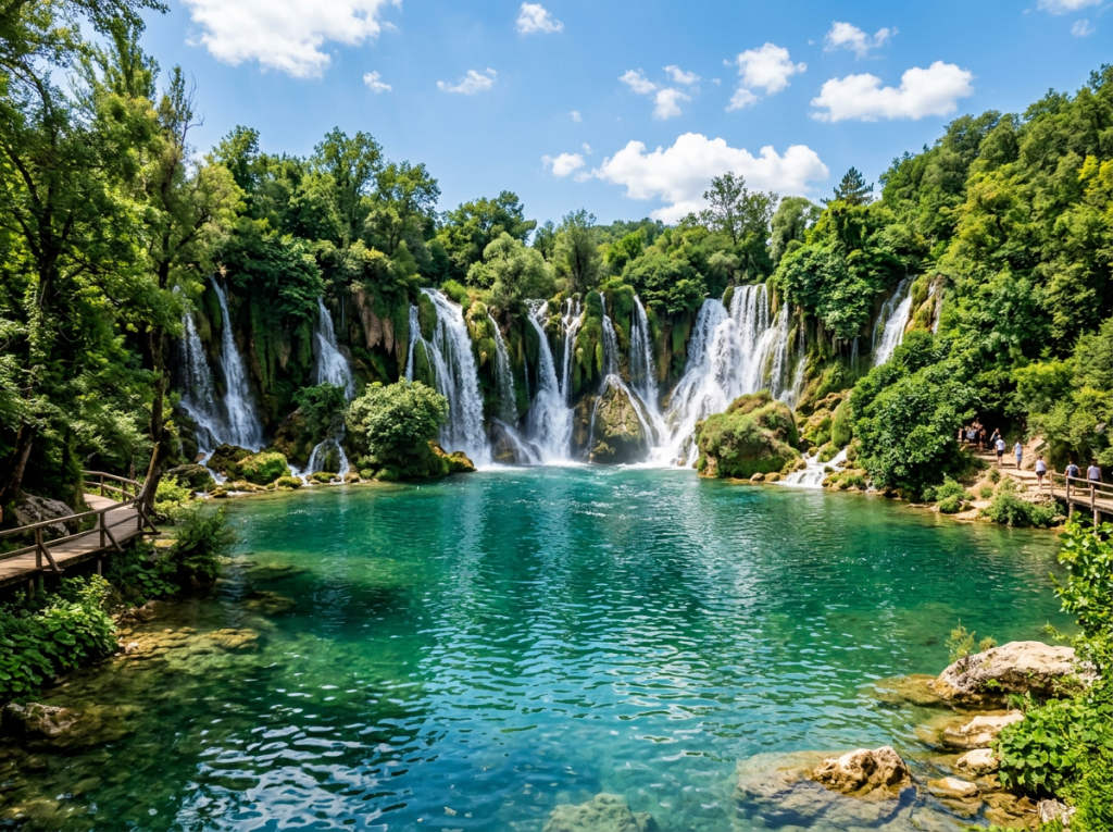Multi-tiered waterfall flowing into turquoise lake with surrounding green trees and walking paths