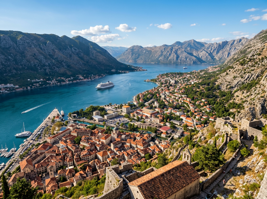 Coastal town with red-roofed buildings by a bay with cruise ships and mountainous landscape