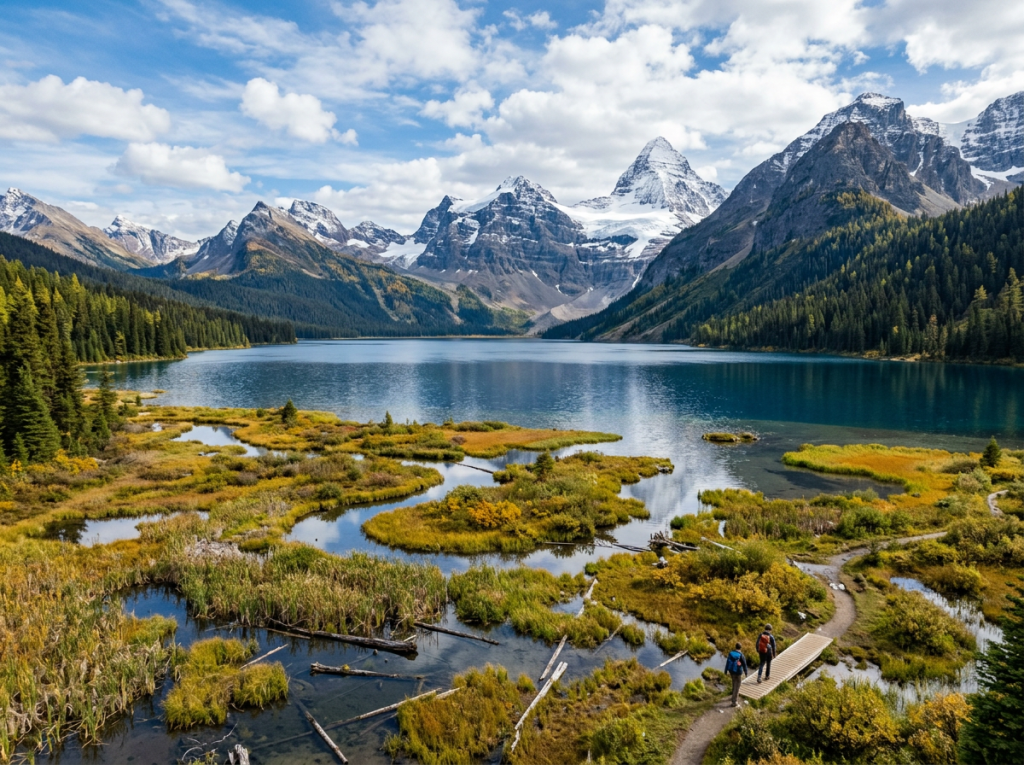 Two hikers on a trail near a lake with snow-capped mountains and forest in the background