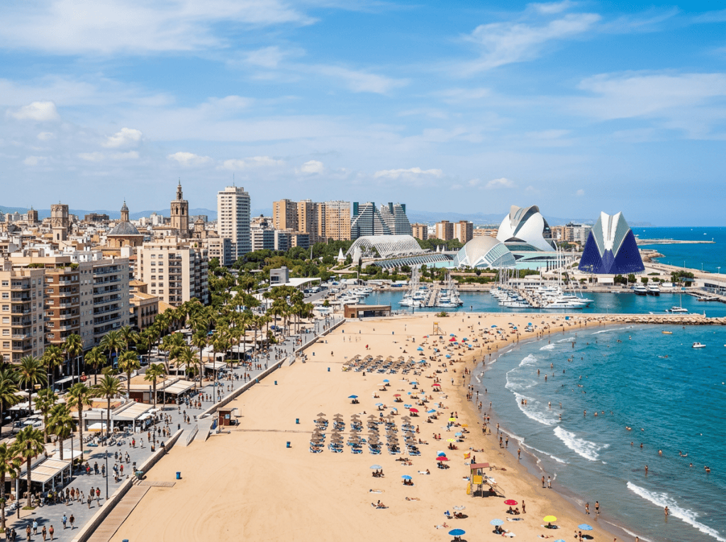 City beach with umbrellas, people swimming, promenade, and modern buildings