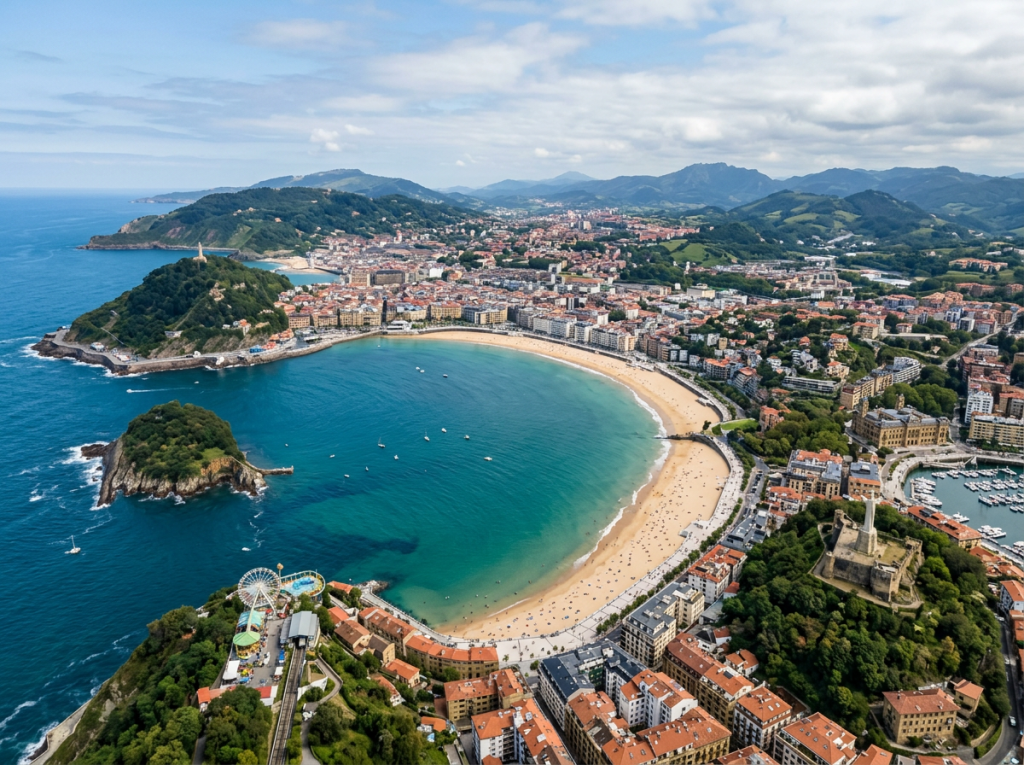 Aerial view of San Sebastián with curved sandy beach, city buildings, and surrounding hills
