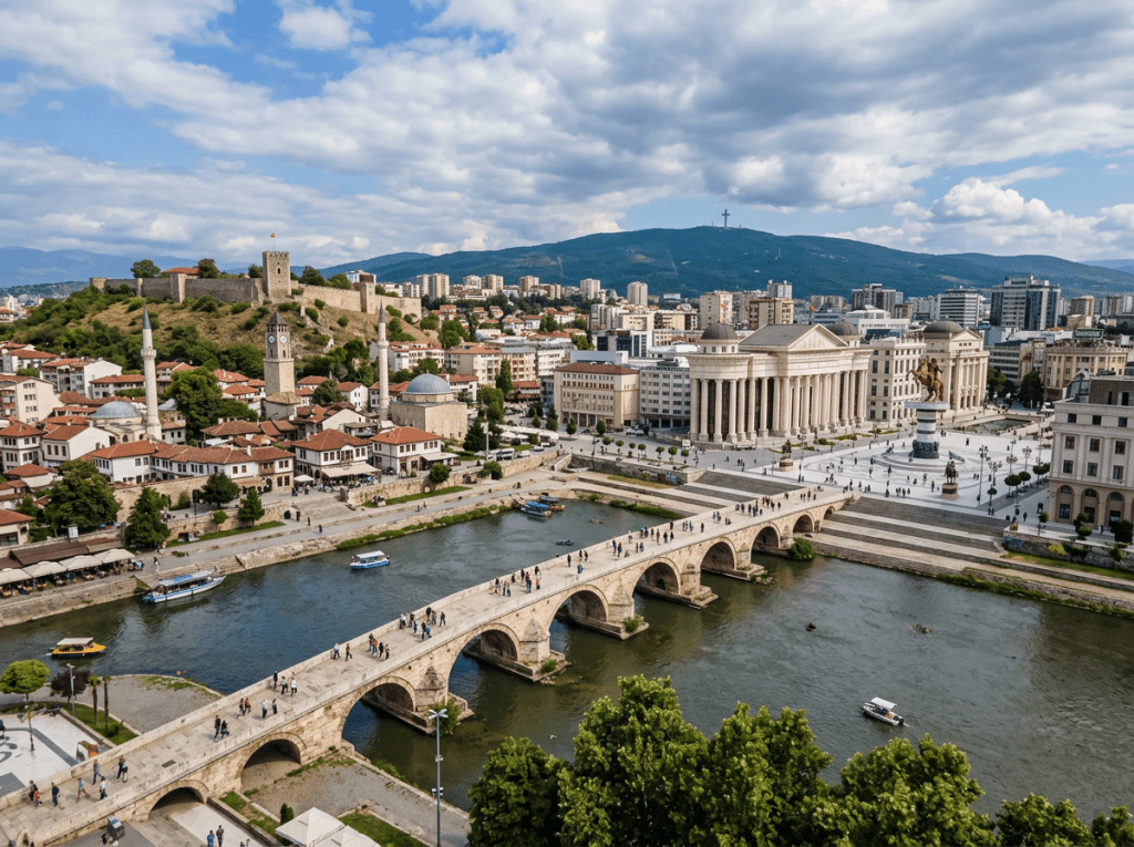 Stone arch bridge over river with fortress and city buildings