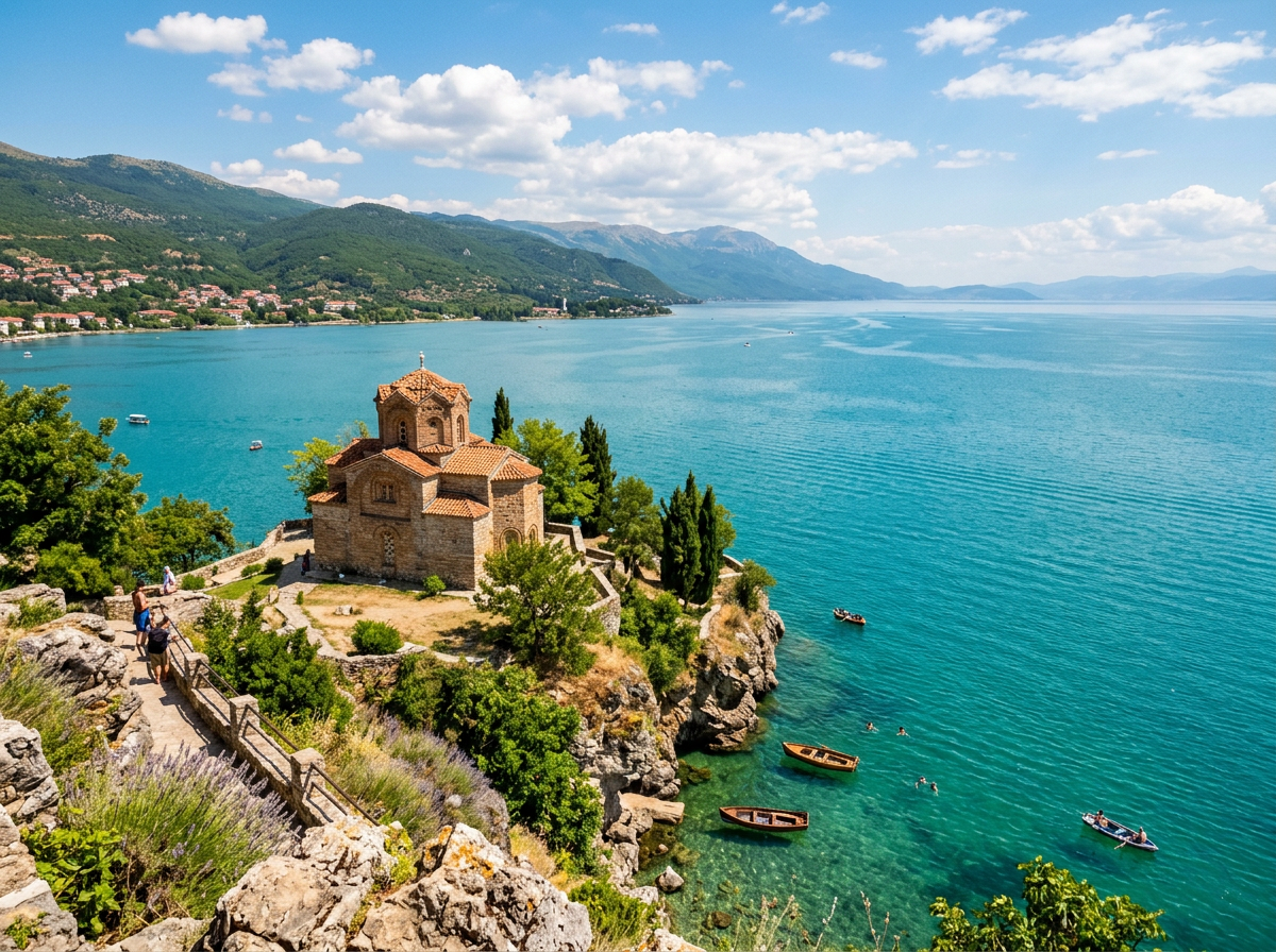 Stone church on rocky peninsula beside clear blue lake with boats and swimmers