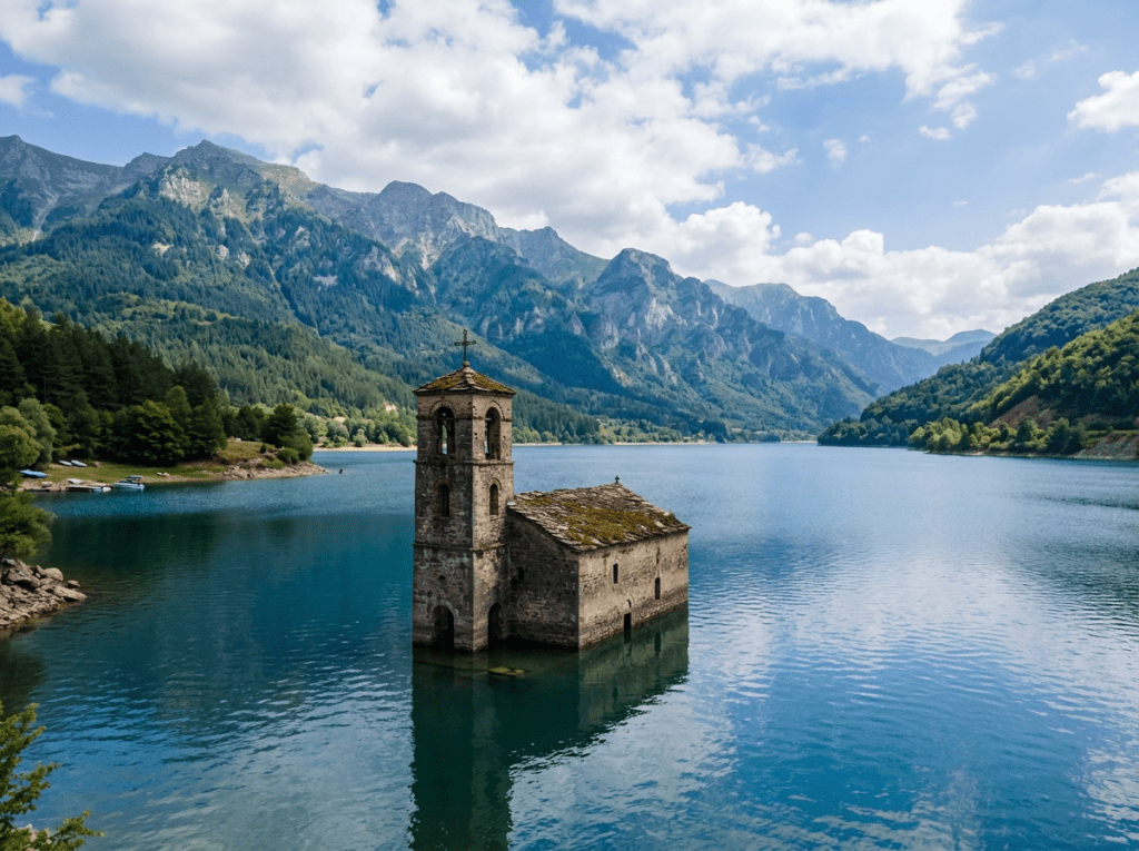 Stone church with bell tower partially submerged in blue mountain lake surrounded by forested hills and cloudy sky
