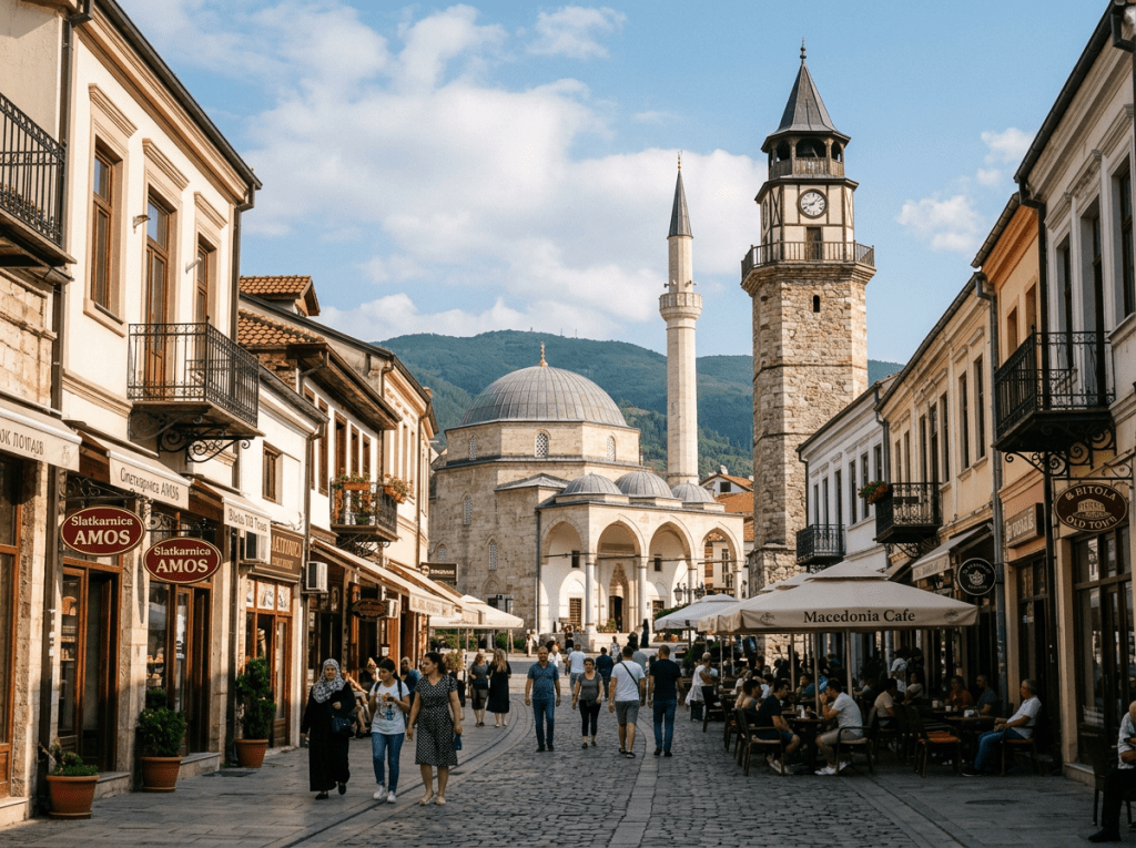 Street scene in Bitola old town with mosque, clock tower, shops, and cafes