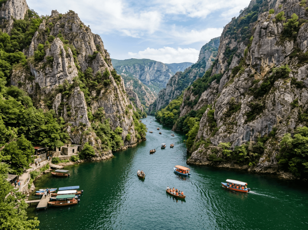 Multiple boats with tourists floating down a river through a steep canyon with rocky cliffs and green trees