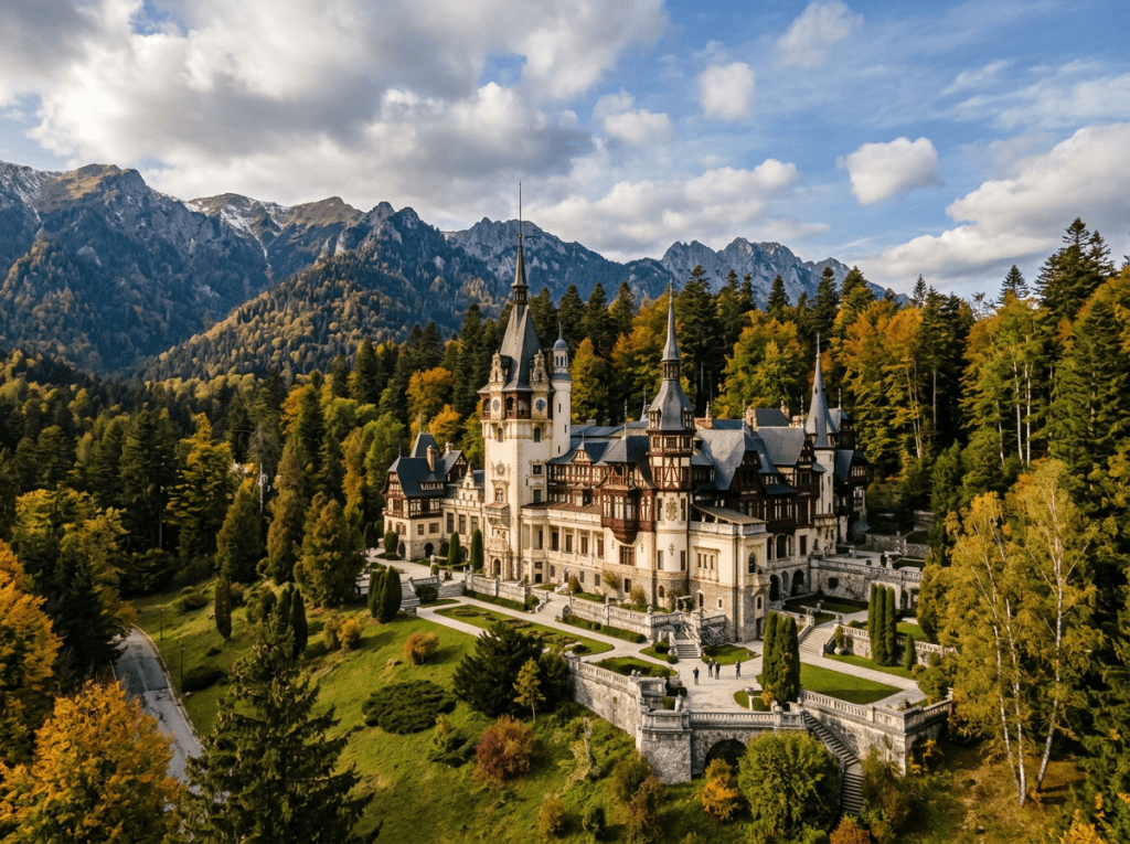 Historic castle with tall spires surrounded by autumn forest and mountains