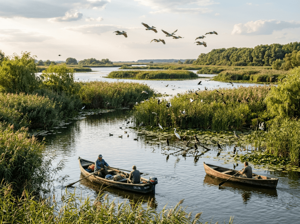 Two men in small boats on a river with dense green vegetation and various birds flying and perched nearby