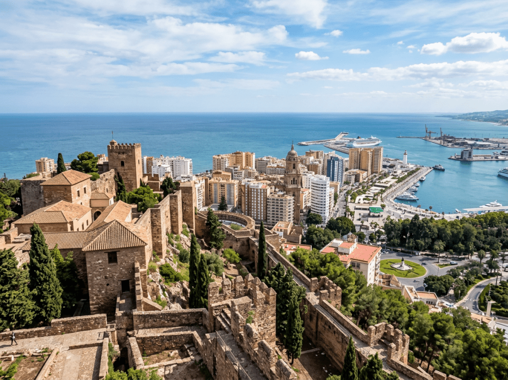 Stone fortress walls and towers overlooking a city and blue sea with harbor
