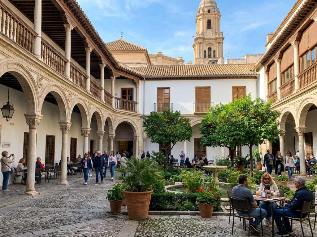 Historic courtyard with arched colonnades, orange trees, and people sitting at cafe tables