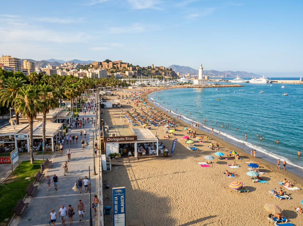 Malagueta Beach with sunbathers, umbrellas, promenade, and distant lighthouse