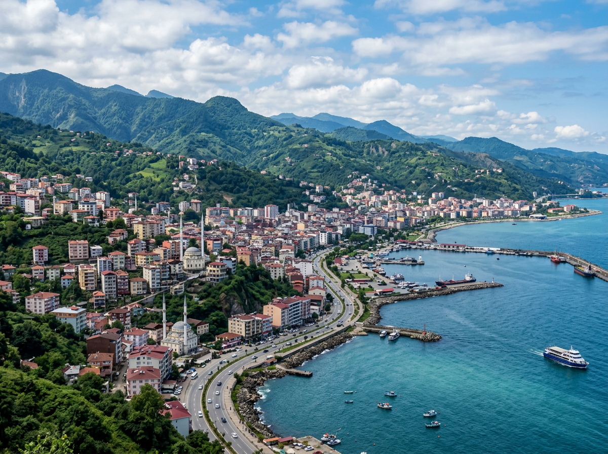 Coastal town with buildings, mosques, roads, and boats along sea with green mountains