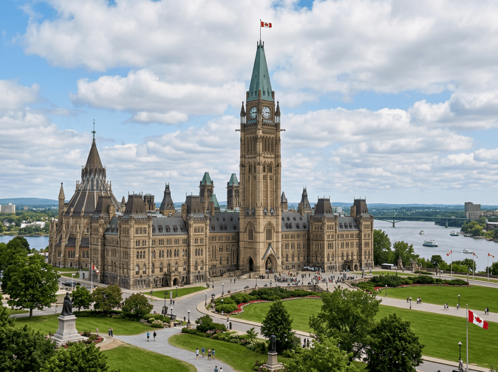 Parliament Hill buildings with Peace Tower, Ottawa River, and tourists