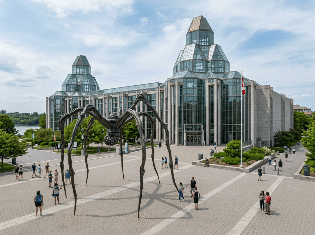 Large spider sculpture in front of a modern glass and stone building with visitors walking around