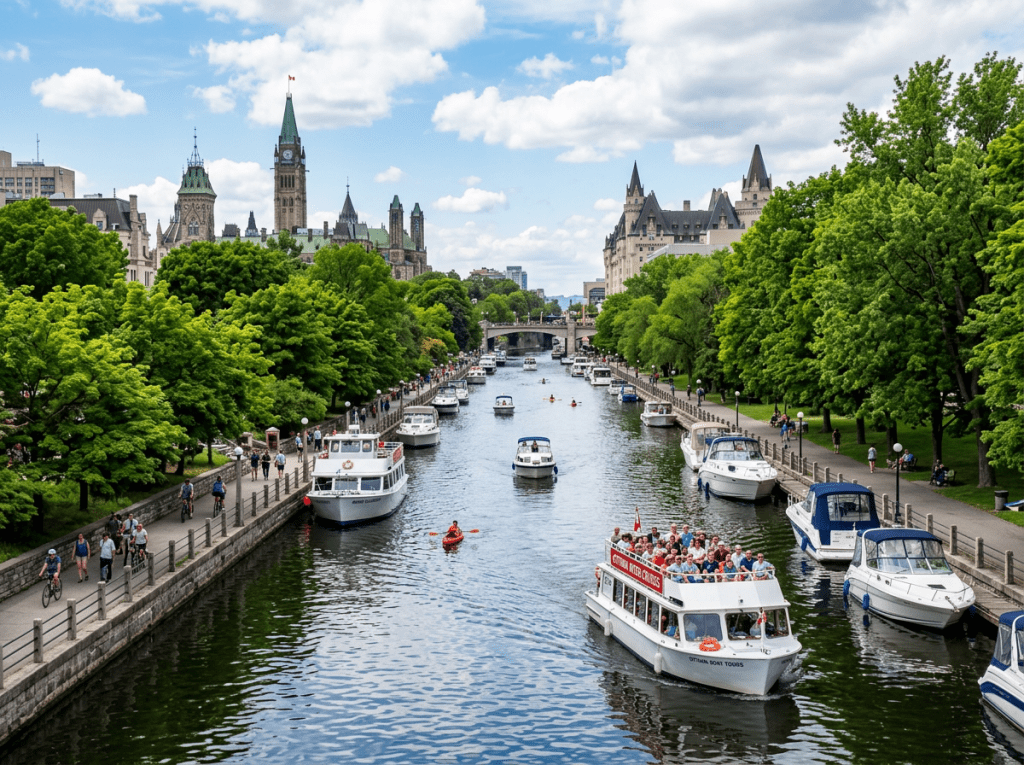 Sightseeing boat filled with tourists cruising the Rideau Canal in Ottawa with Parliament buildings in background
