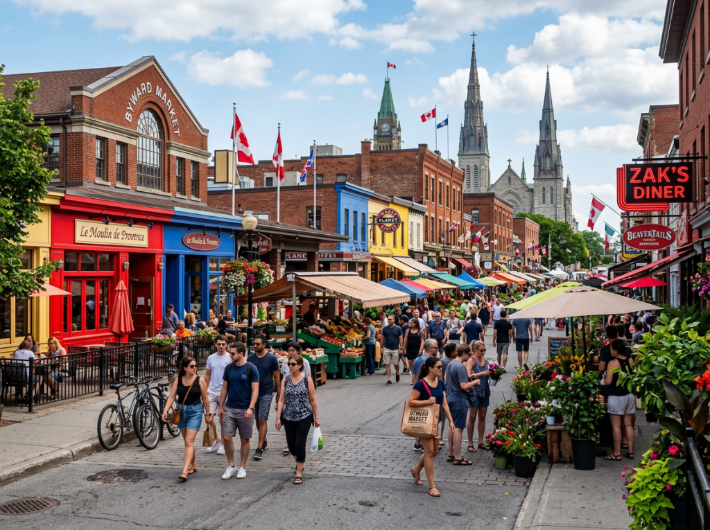 Crowded street at Byward Market with shops, market stalls, and people walking and shopping