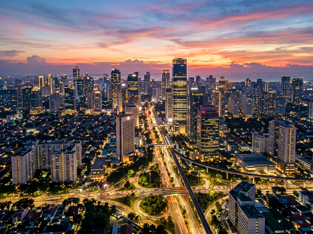 City skyline with tall buildings and busy highways at sunset