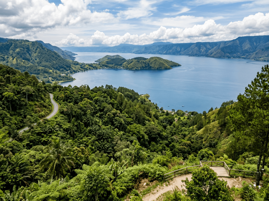 Large lake with green forested hills and an island under a partly cloudy sky