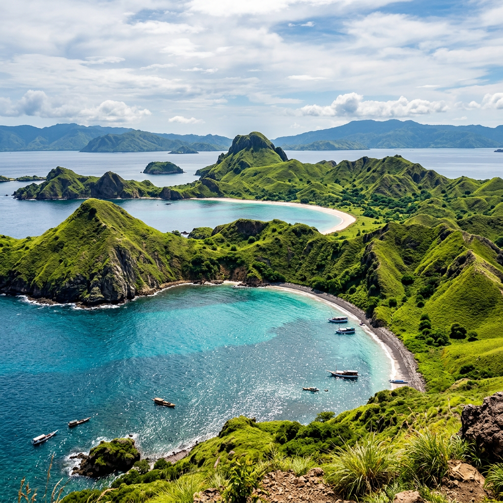 Aerial view of green hills and turquoise bays with boats along the shore
