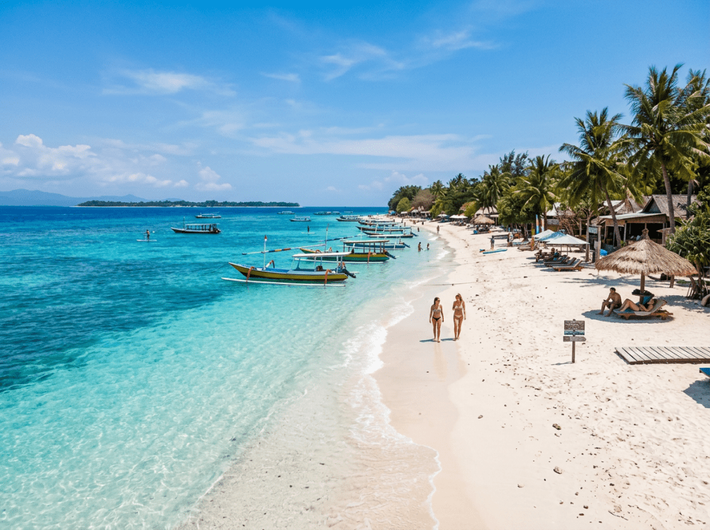 Two women walking on a sandy tropical beach with colorful boats anchored near the shore and palm trees along the coastline