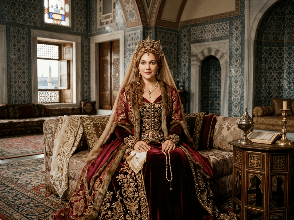 Woman in elaborate Ottoman royal dress seated in ornate palace