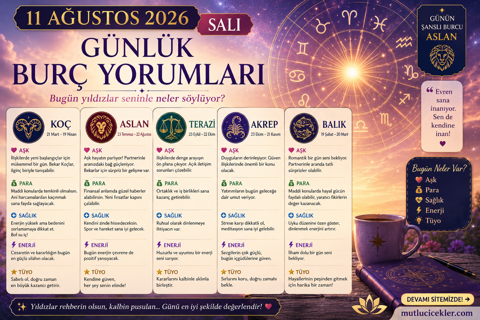 🔮 11 Ağustos 2026 Salı Günlük Burç Yorumları: Aşk, Kariyer, Para ve Enerji Rehberi