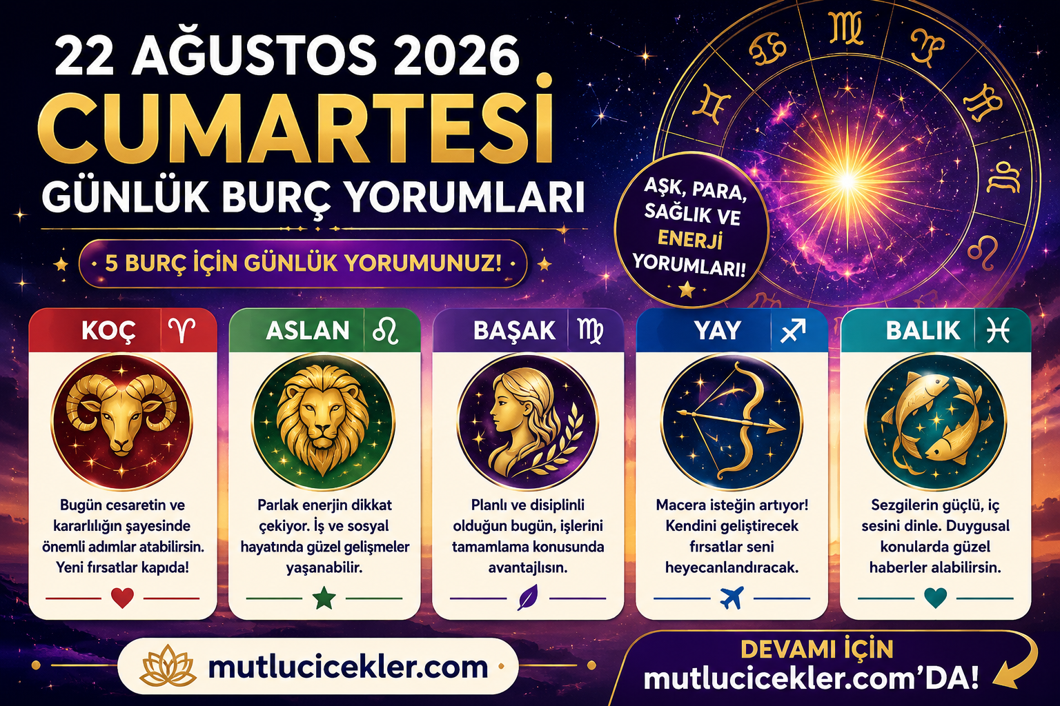 🔮 22 Ağustos 2026 Cumartesi Günlük Burç Yorumları: Aşk, Kariyer, Para ve Enerji Rehberi