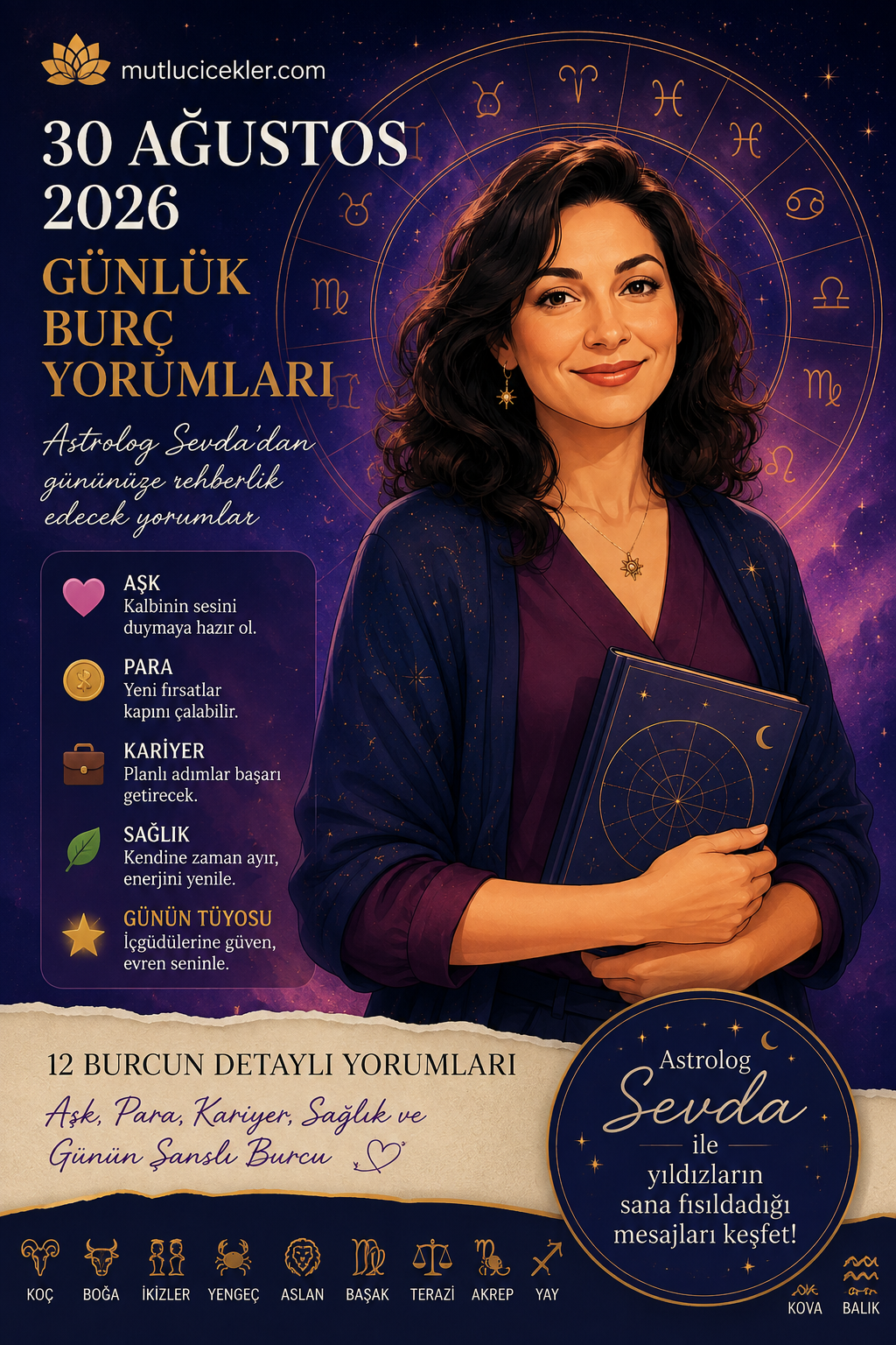 30 Ağustos 2026 Pazar günlük burç yorumları için Astrolog Sevda ve 12 burcu simgeleyen astroloji çarkı.