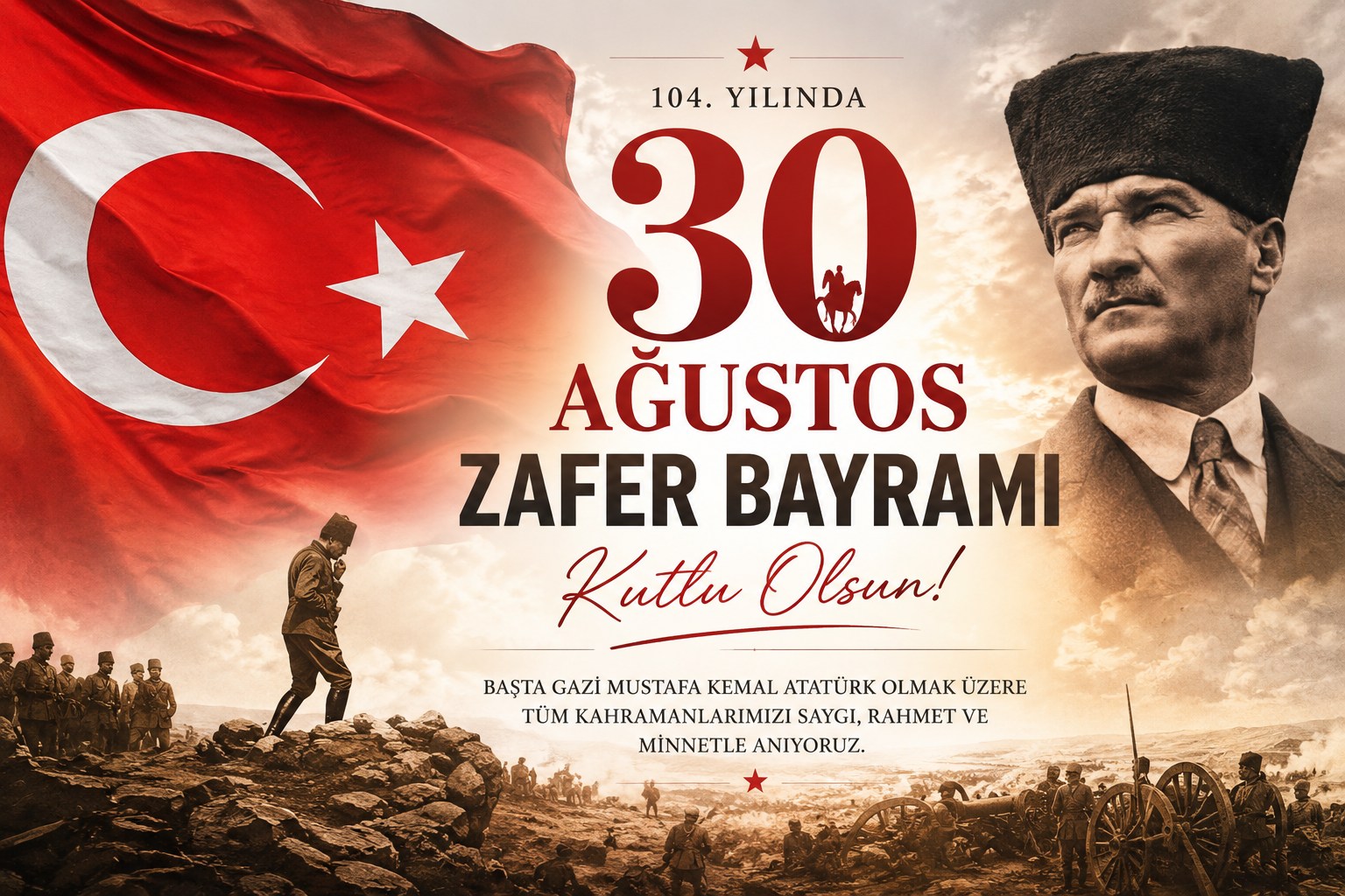 30 Ağustos Zafer Bayramı 104. yıl kutlama görseli, Türk bayrağı, Gazi Mustafa Kemal Atatürk ve Büyük Taarruz kahramanları