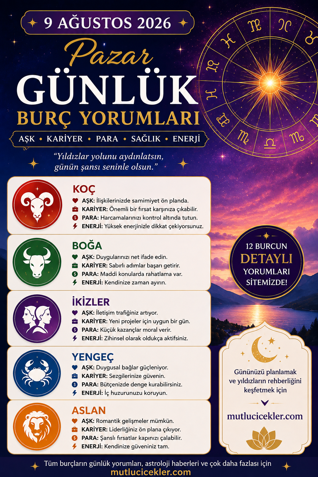9 Ağustos 2026 Pazar Günlük Burç Yorumları