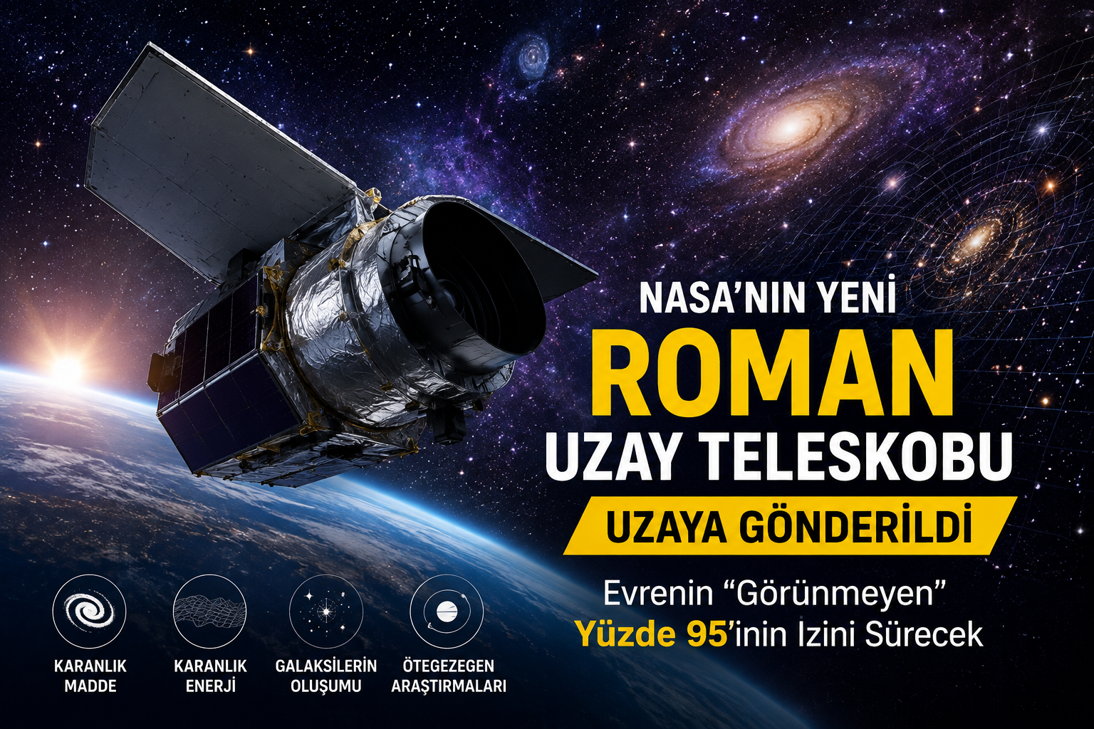 NASA Nancy Grace Roman Uzay Teleskobu, karanlık madde ve karanlık enerjiyi araştırmak üzere uzayda.