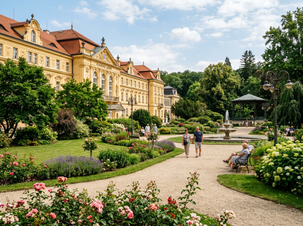 Pathway through a landscaped garden with blooming flowers, people walking and sitting, a fountain, and a large historic building