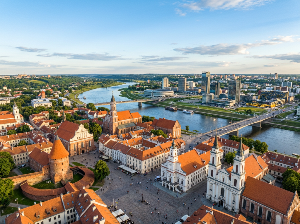 Aerial cityscape showing historic red-roofed buildings, a river with bridges, and modern skyscrapers