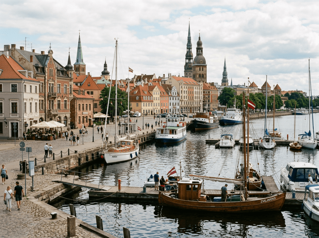 Boats docked at a harbor with historic buildings and church spires in Riga, Latvia