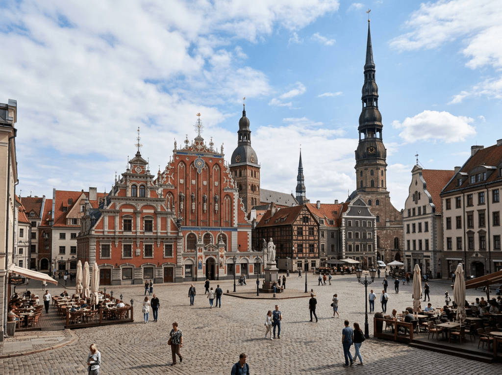 Historic town square in Riga with red-brick and timber-framed buildings, church spires, and people walking and dining outdoors