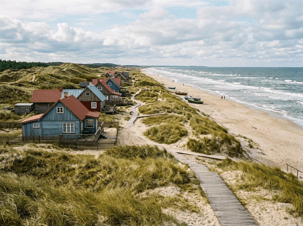 Beach houses with red and blue roofs by sandy beach and grassy dunes with boats on the shore