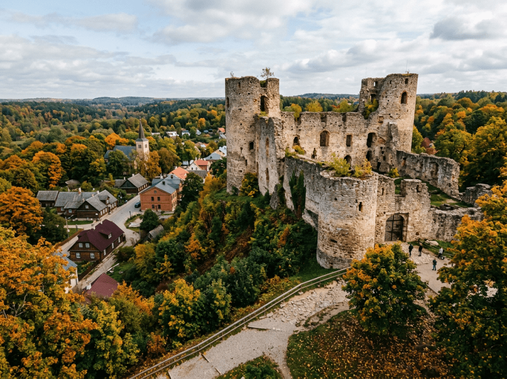 Stone castle ruins on a hill with village and autumn forest in background